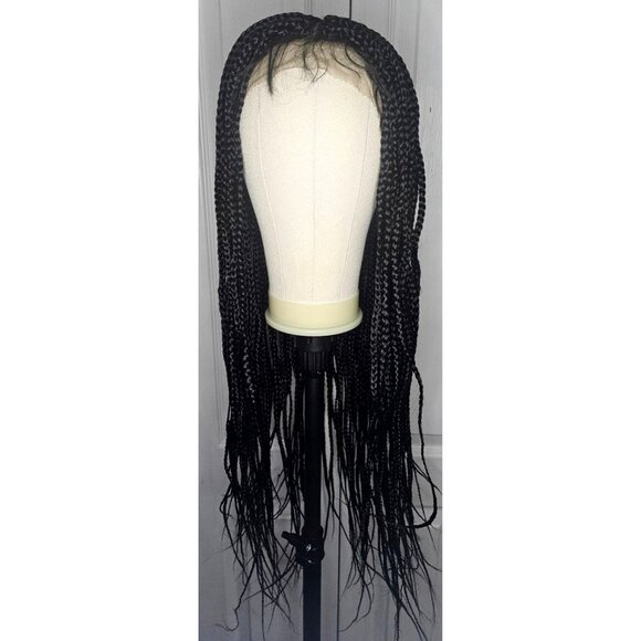 28 inch Long Boxed Braided Synthetic Wig Full Double Lace Black Braids HD Front - Picture 2 of 8